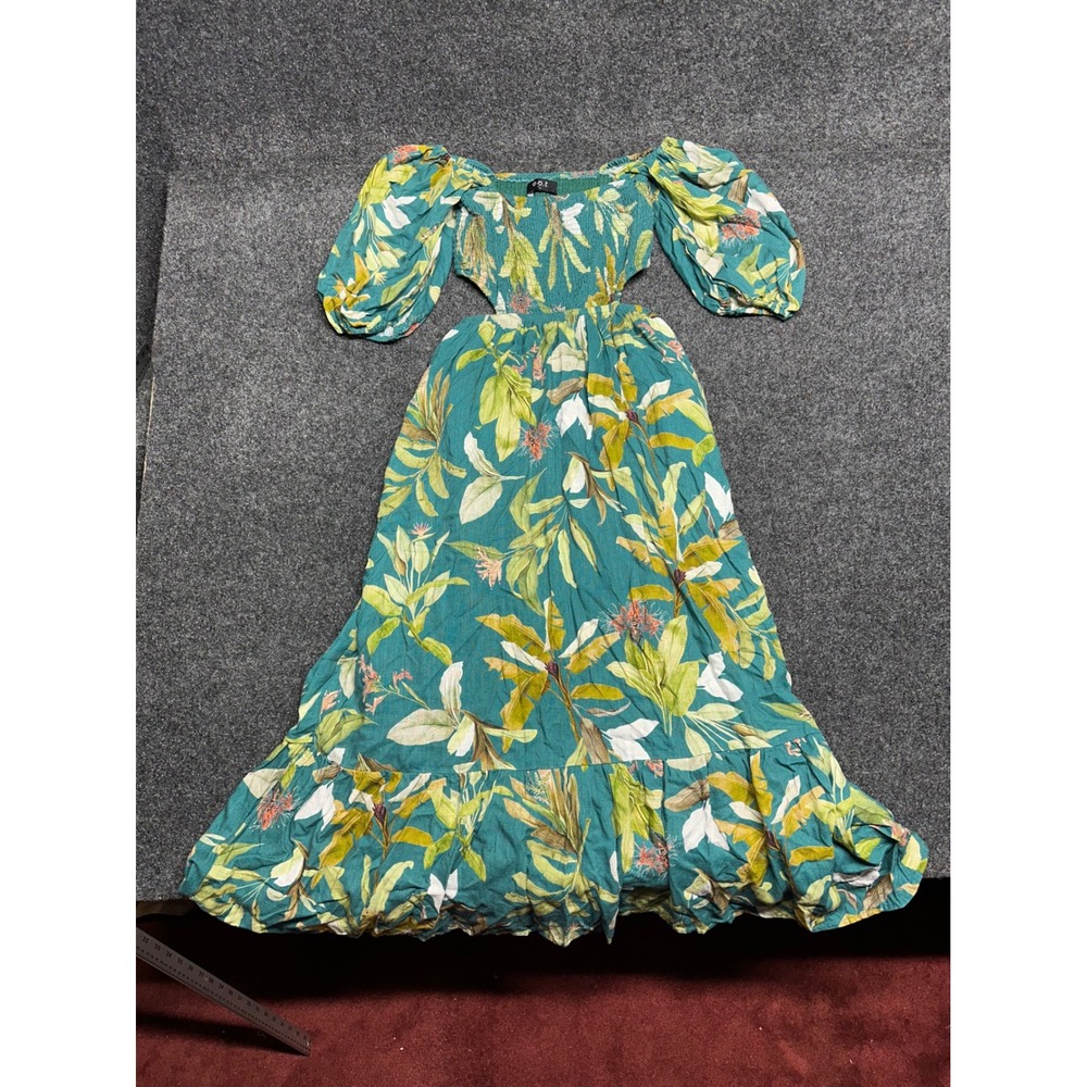 Anthropologie O.P.T. Dress smocked puff sleeves botanical tropical resort cutout